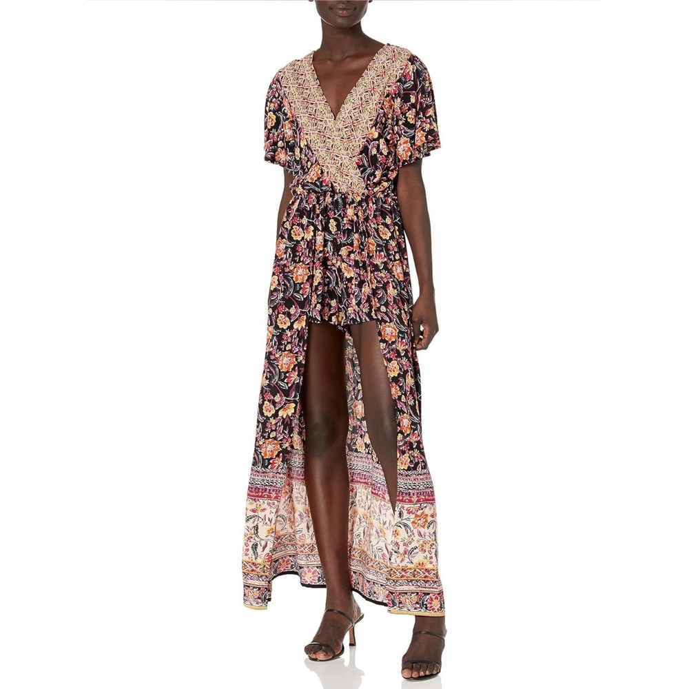 Angie Whimsigoth Dark Boho Floral Walk Through Maxi Romper Split Skirt Small